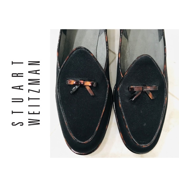 Stuart Weitzman Shoes - STUART WEITZMAN {7.5} Loafer Shoe Black Fabric Tortoise Shell Bow Patent Leather